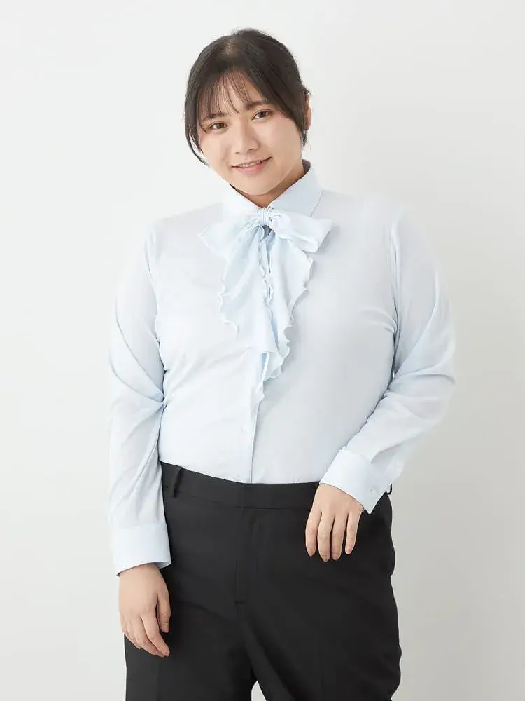 【完全ノーアイロン】長袖アイシャツブラウス 2WAYリボン スキッパー