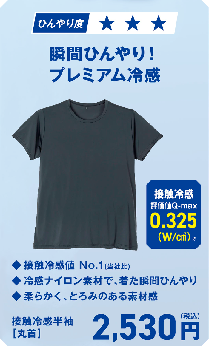 瞬間ひんやり！プレミアム冷感 接触冷感半袖【丸首】