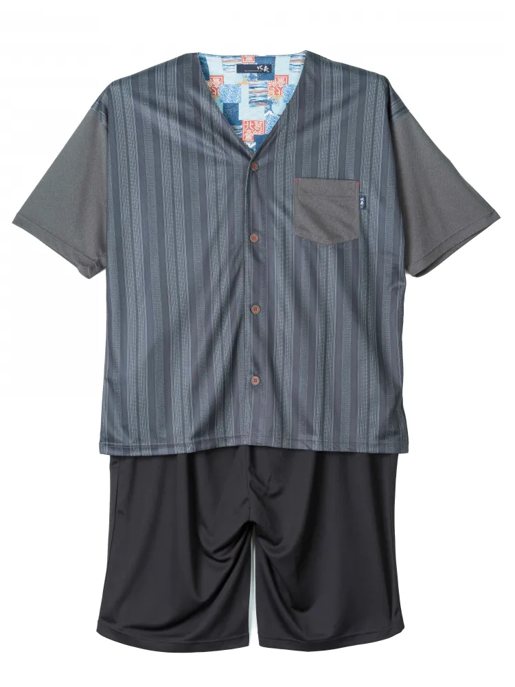 北斎エステルメッシュストライプ柄全開ダボシャツ