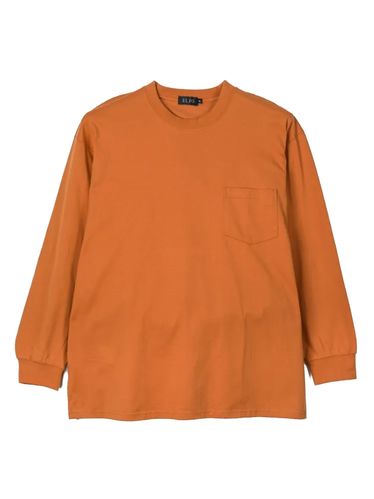 【EL.FO】無地ポケット付きタフ衿クルーネック長袖Tシャツ