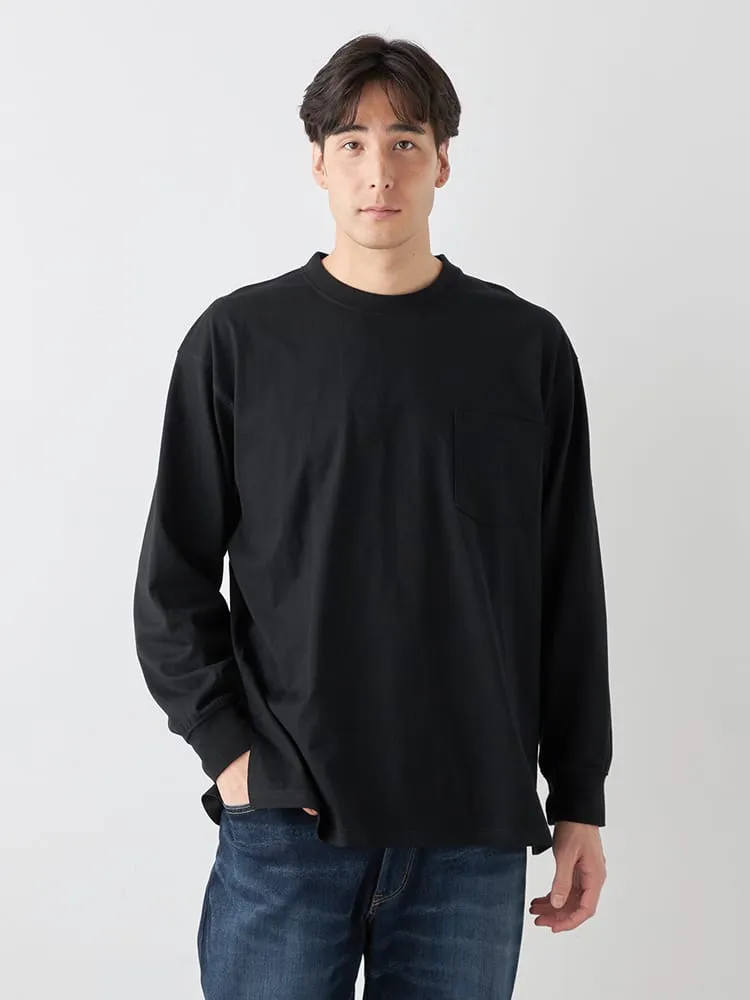 【EL.FO】無地ポケット付きタフ衿クルーネック長袖Tシャツ