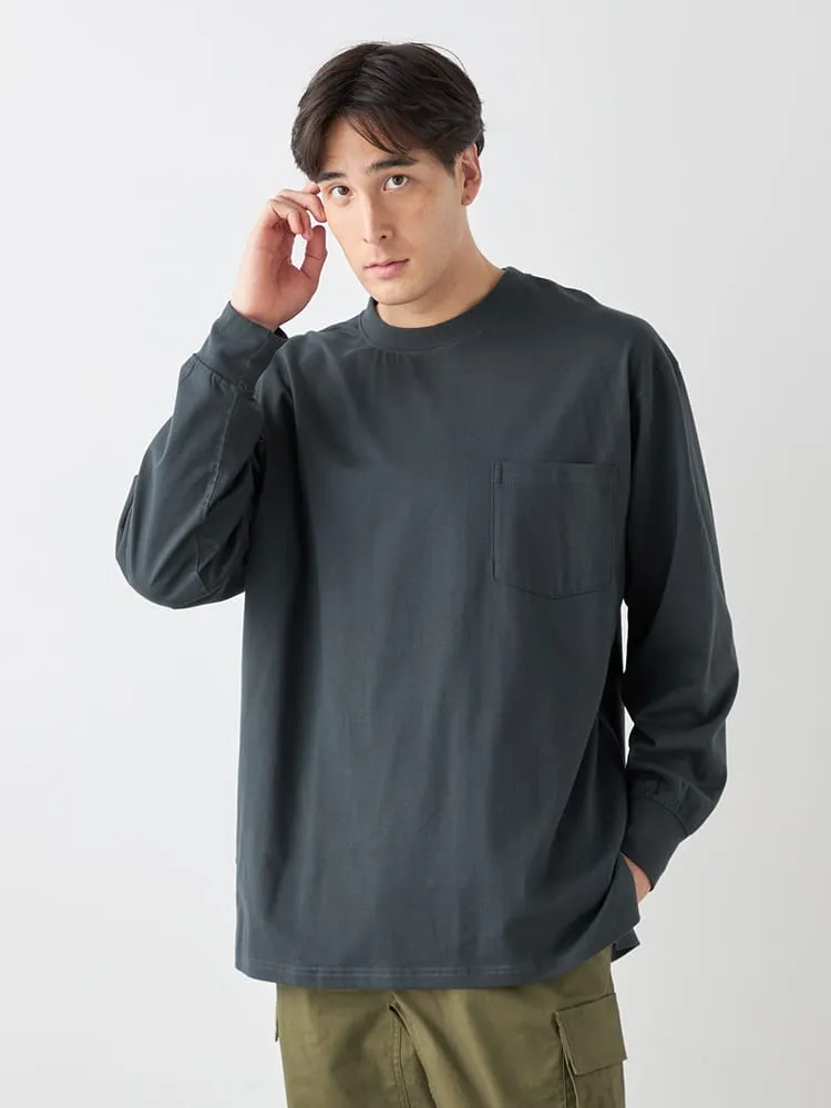 【EL.FO】無地ポケット付きタフ衿クルーネック長袖Tシャツ