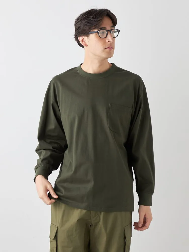 【EL.FO】無地ポケット付きタフ衿クルーネック長袖Tシャツ