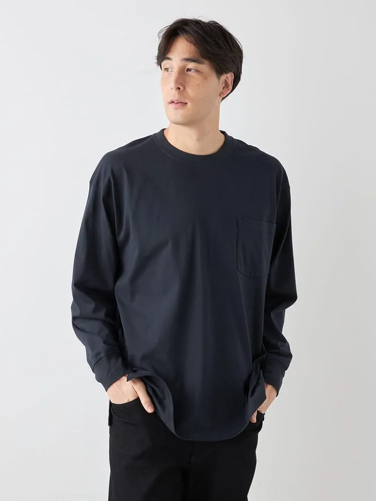 【EL.FO】無地ポケット付きタフ衿クルーネック長袖Tシャツ