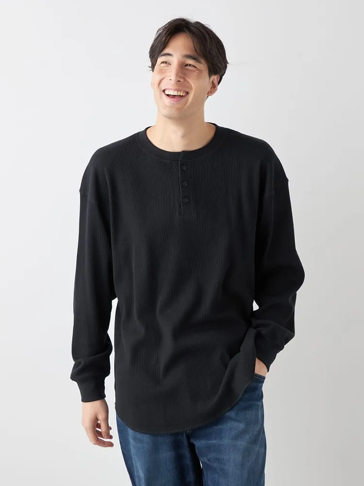 【EL.FO】無地ワッフル編みヘンリーネック長袖Tシャツ