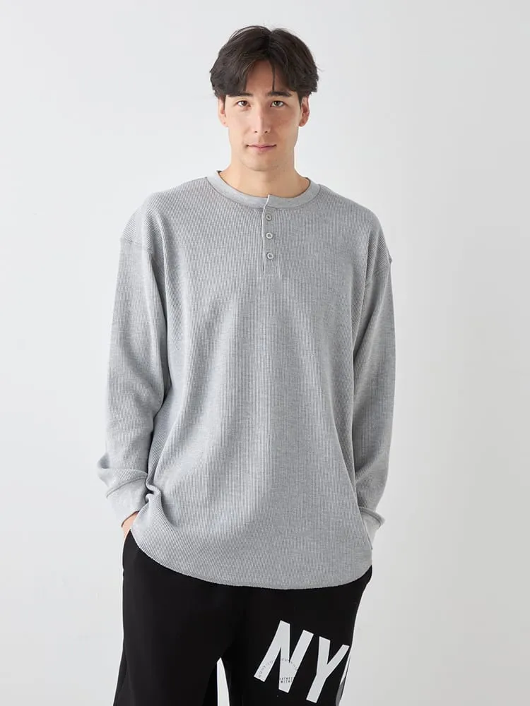 【EL.FO】無地ワッフル編みヘンリーネック長袖Tシャツ