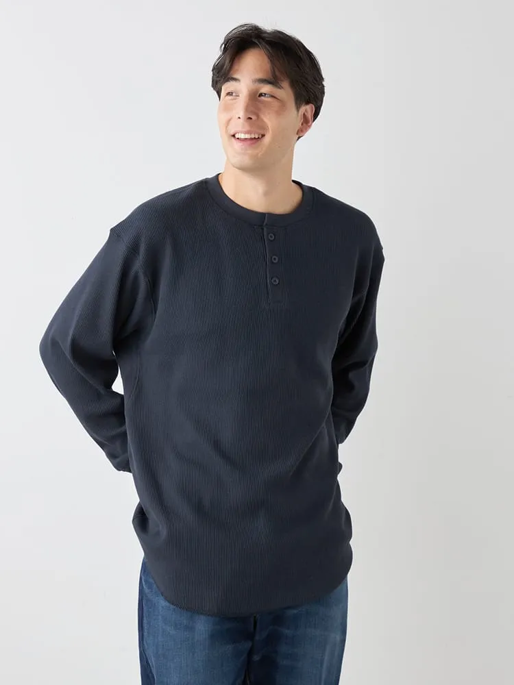 【EL.FO】無地ワッフル編みヘンリーネック長袖Tシャツ