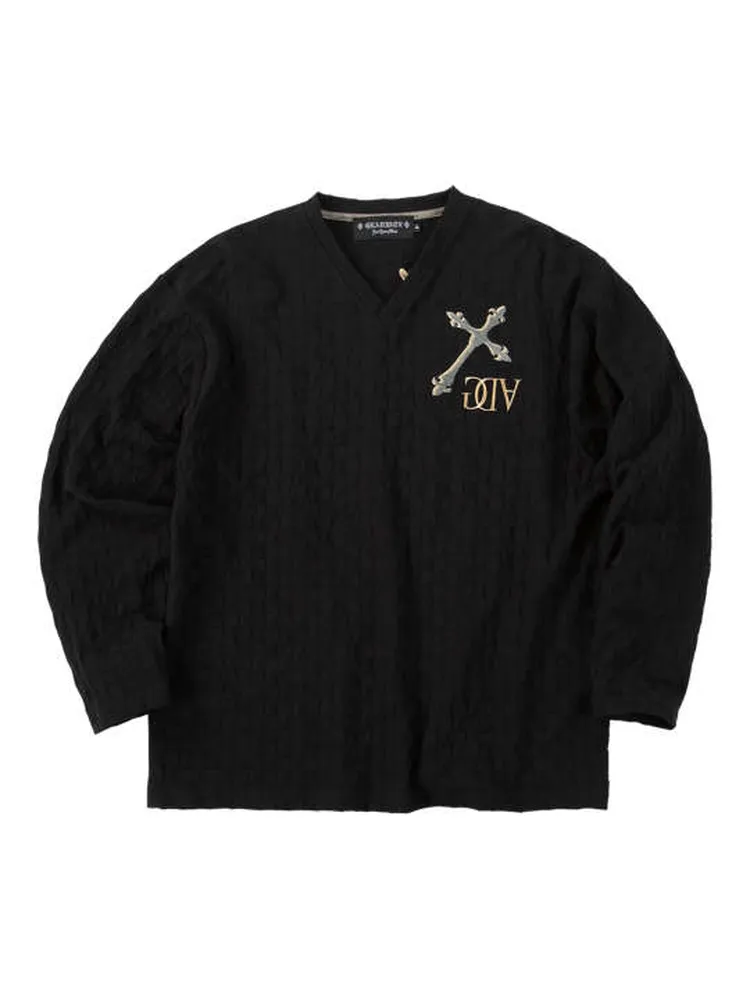 【GLADIATE】刺繍ブロックジャガード長袖VネックTシャツ＊カタログ商品